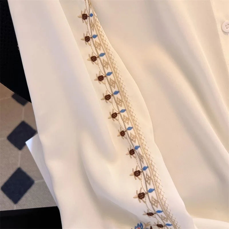 Embroidered Women be all-match High Quality Female Elegant Blouses Ladies Work Wear Shirts White Floral Clothings Chiffon Tops