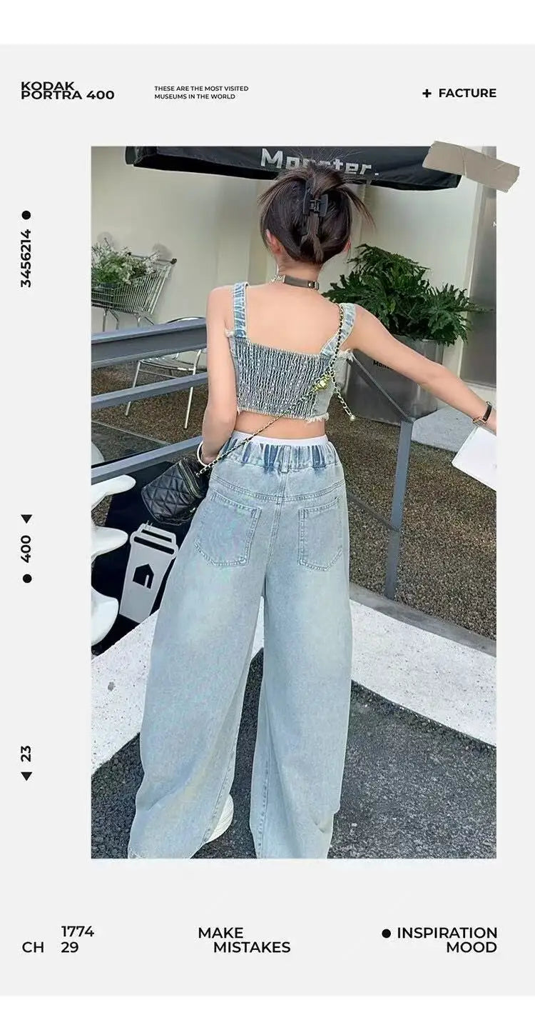 Girl Summer 2025 Halter Vest Ripped Wide-Leg Pants Two-Piece Set Kids Casual Harbor Flavor Simple Style
