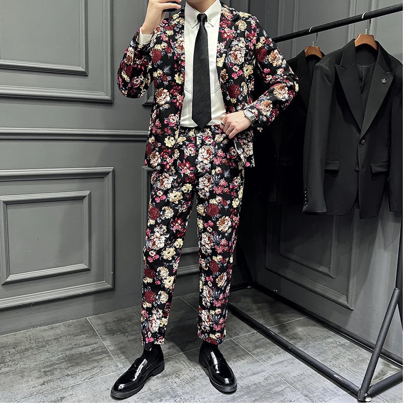 Suit (Blazer+ Pants) Men's Fashion Gentleman Slim Fit Business Outdoor Printed Gentleman Fine Cotton Wedding Work Casual Suit