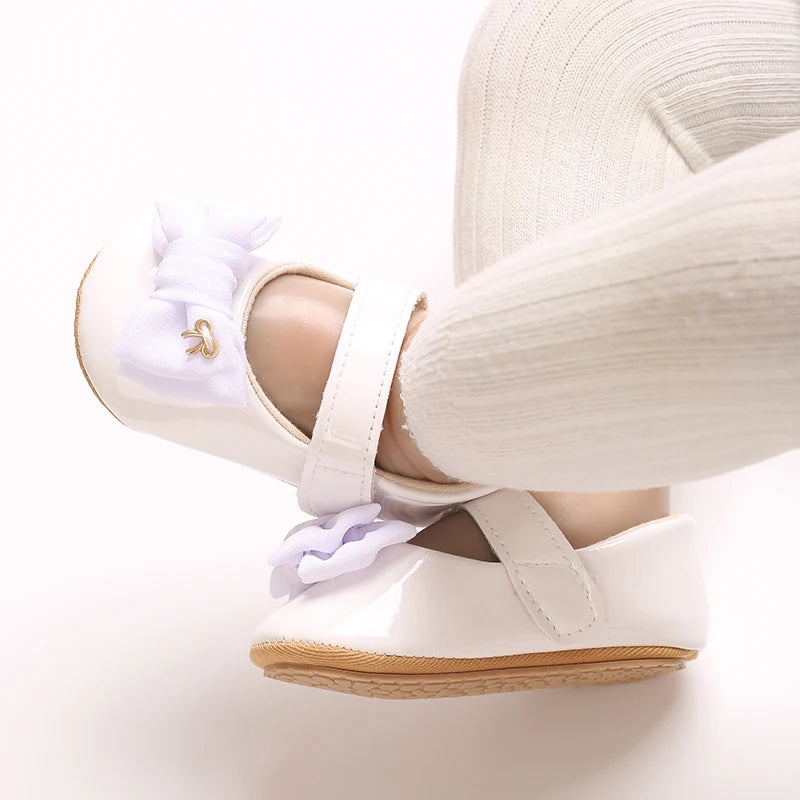 VALEN SINA 0-18 Months Newborn Girl White Baptism Shoes Bow Non-slip Rubber Soft-Sole Flat PU First Walker Mary Janes