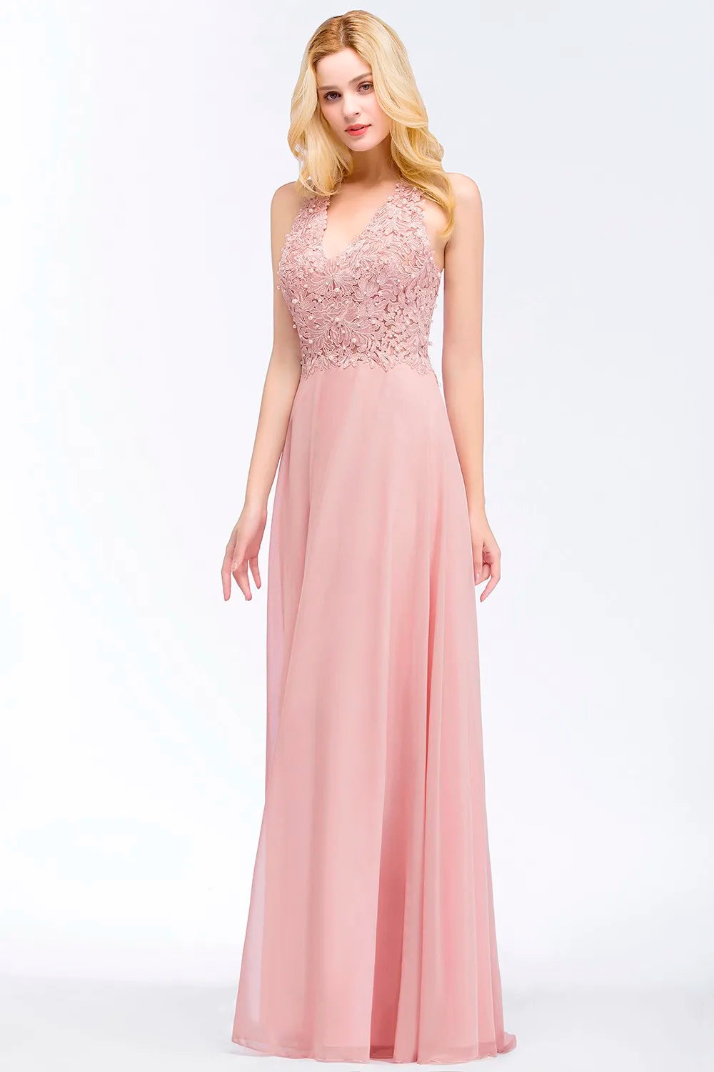 BABYONLINE Halter Neckline Lace Pearls Bodice Bridesmaid Dress Long Floor-length Skirt Chiffon Sexy Open Back Wedding Clothes