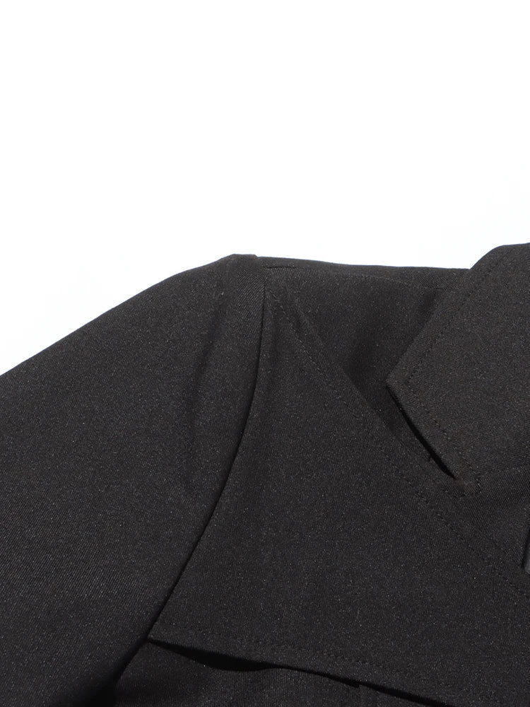 TWOTWINSTYLE Solid Hollow Out Sexy Long Coat For Women Lapel Long Sleeve Spliced Belt Chic Sexy Asymmetrical Jackets Female New