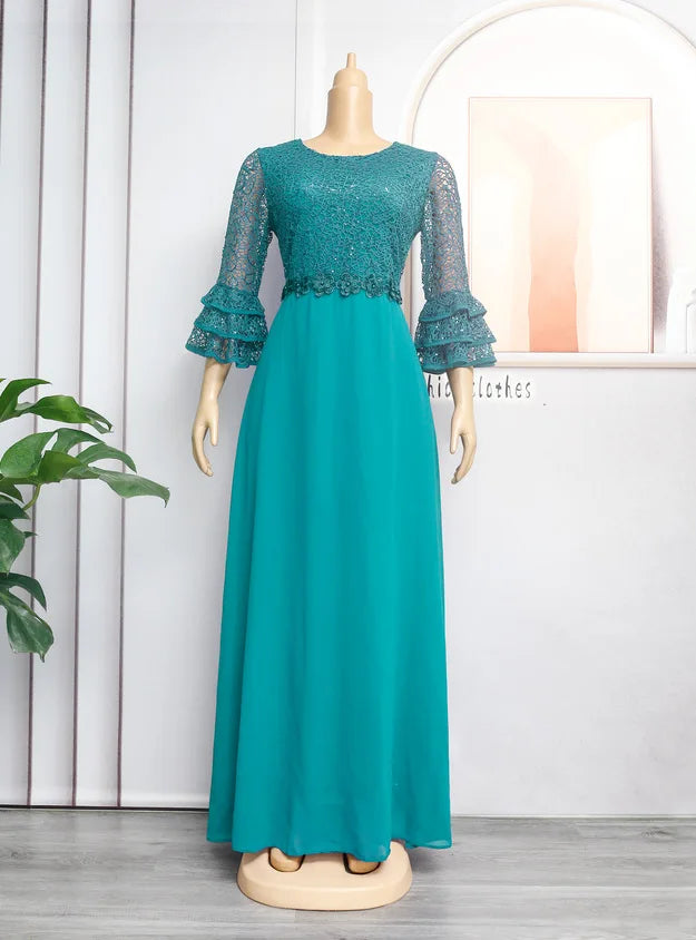 Muslim African Clothes Dresses Elegant Fashion Sequins Lace Ruffle Sleeve Clothing Evening Party Gown Women Plus Size Dresses