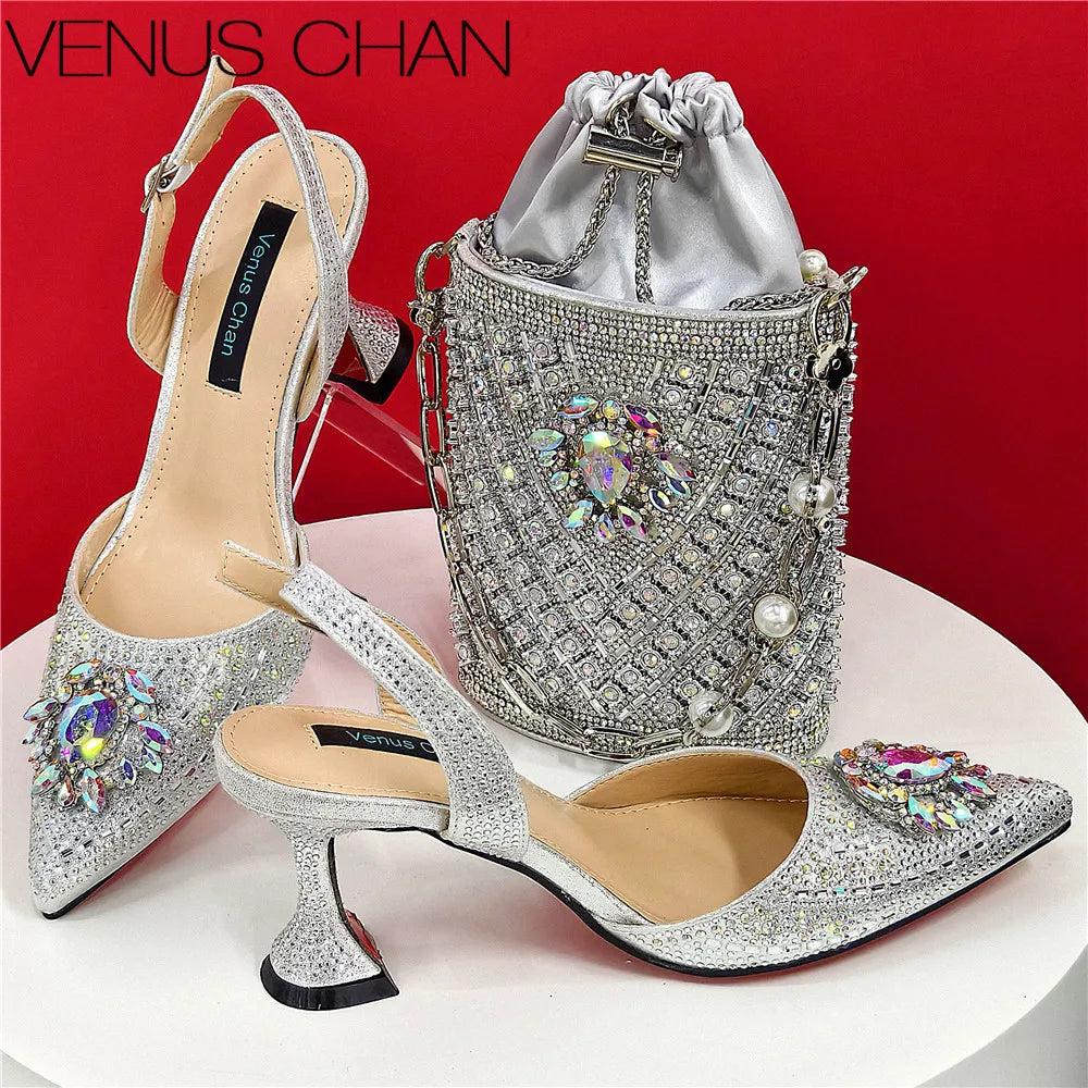 Nigerian Heel Party for Women Blue Color Shoes and Bag Set Rhinestone Handbag Italian Design Wedding INS 2025