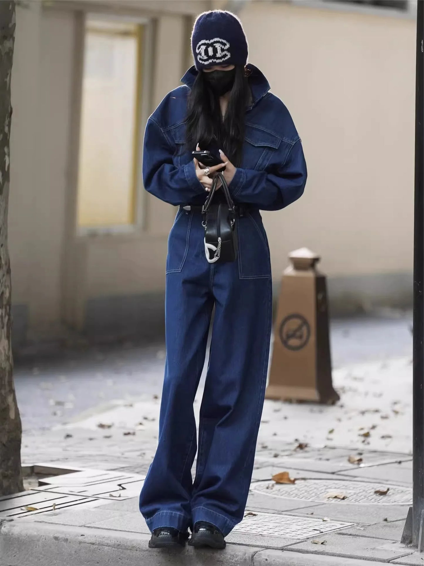 Blue Design Denim Jumpsuit Women'S Spring And Autumn Collar Fashionable Workwear Large Pocket Loose Pants