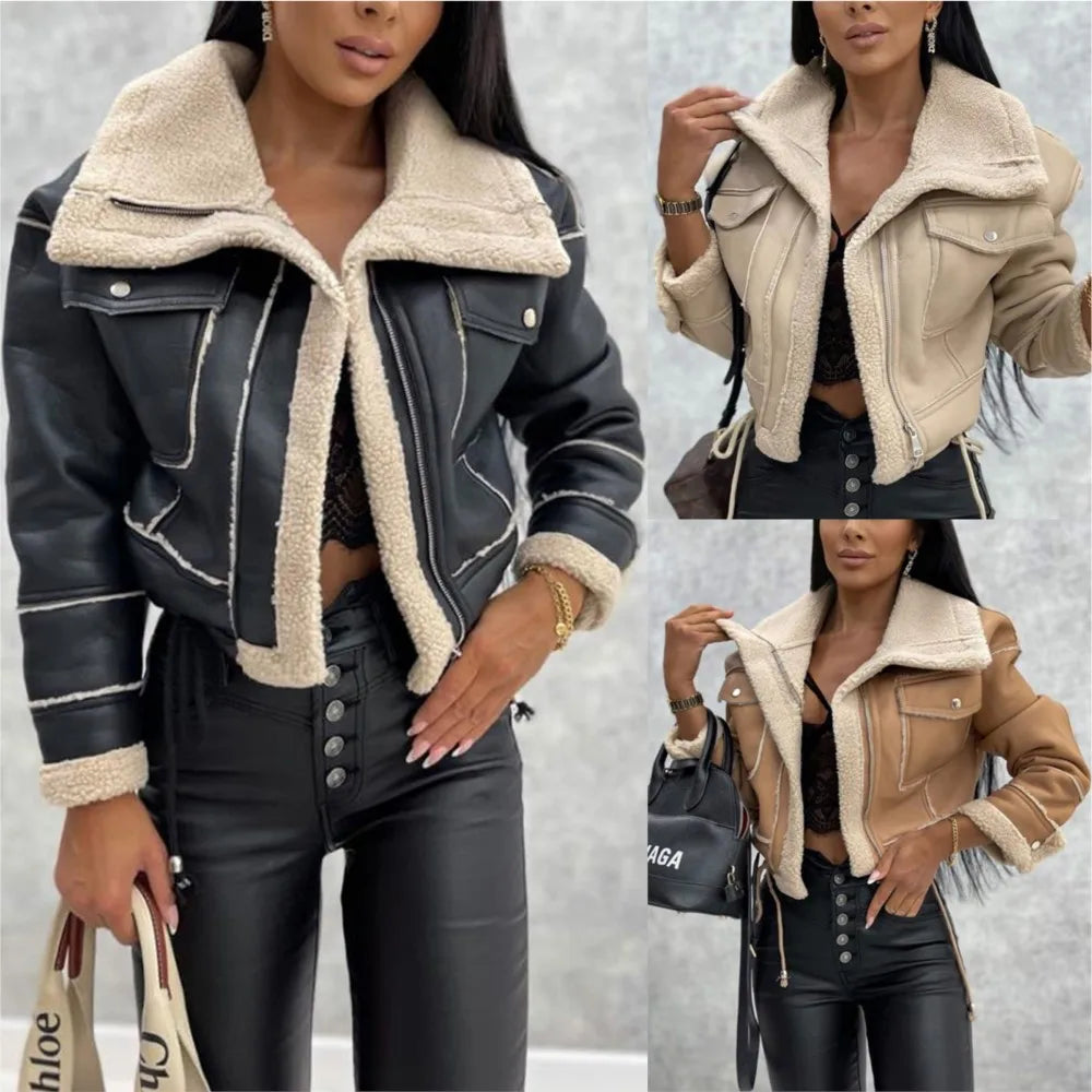 2025 Autumn Winter Women's Jacket New Fashion Lamb Fur Splicing Short Coat Zipper Motorcycle PU Leather Jacket Tops Female