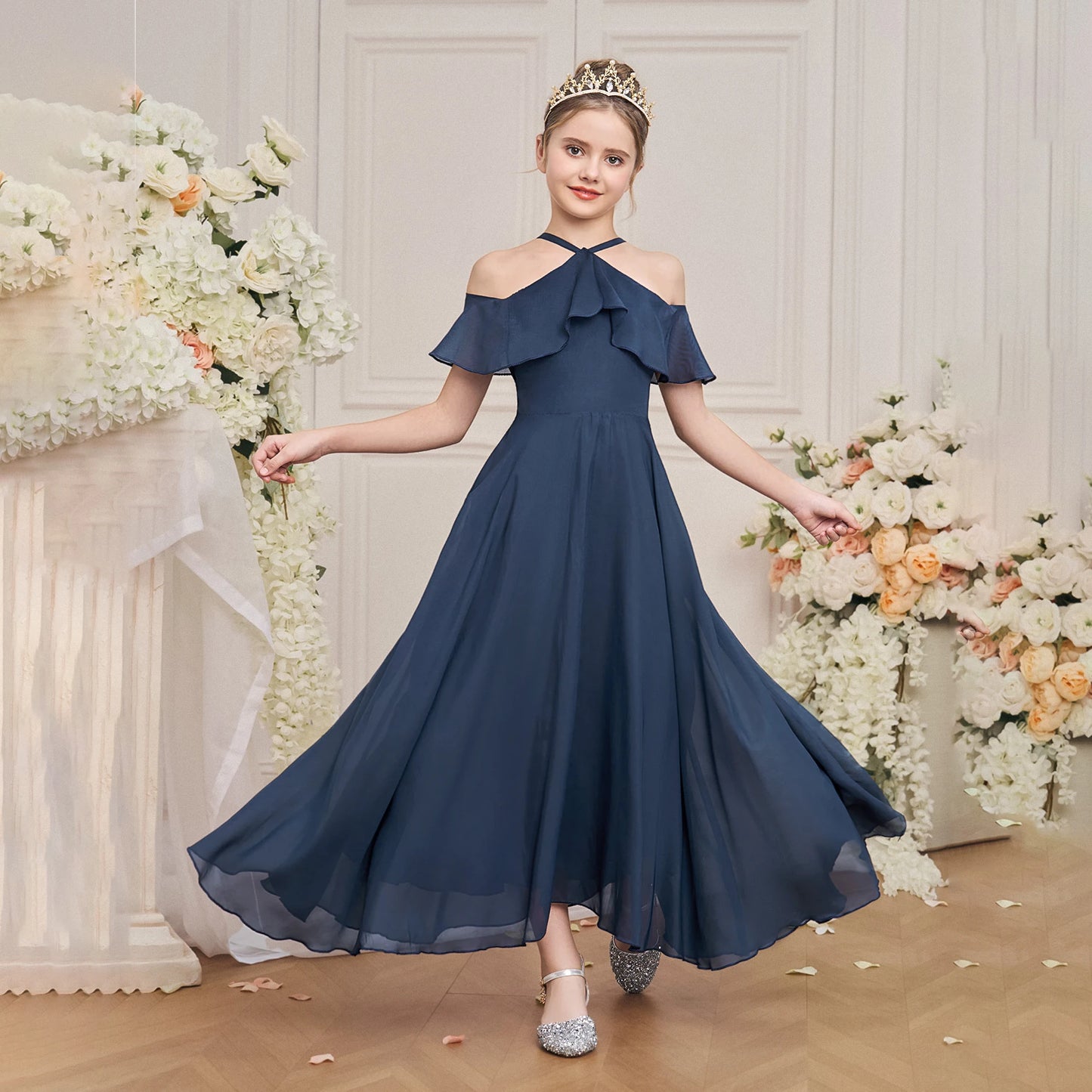 Ruffle Girls Party Bridesmaid Strap Dress off Shoulder Long Wedding Princess Prom Dresses Kids Elegant Beach Birthday Evening
