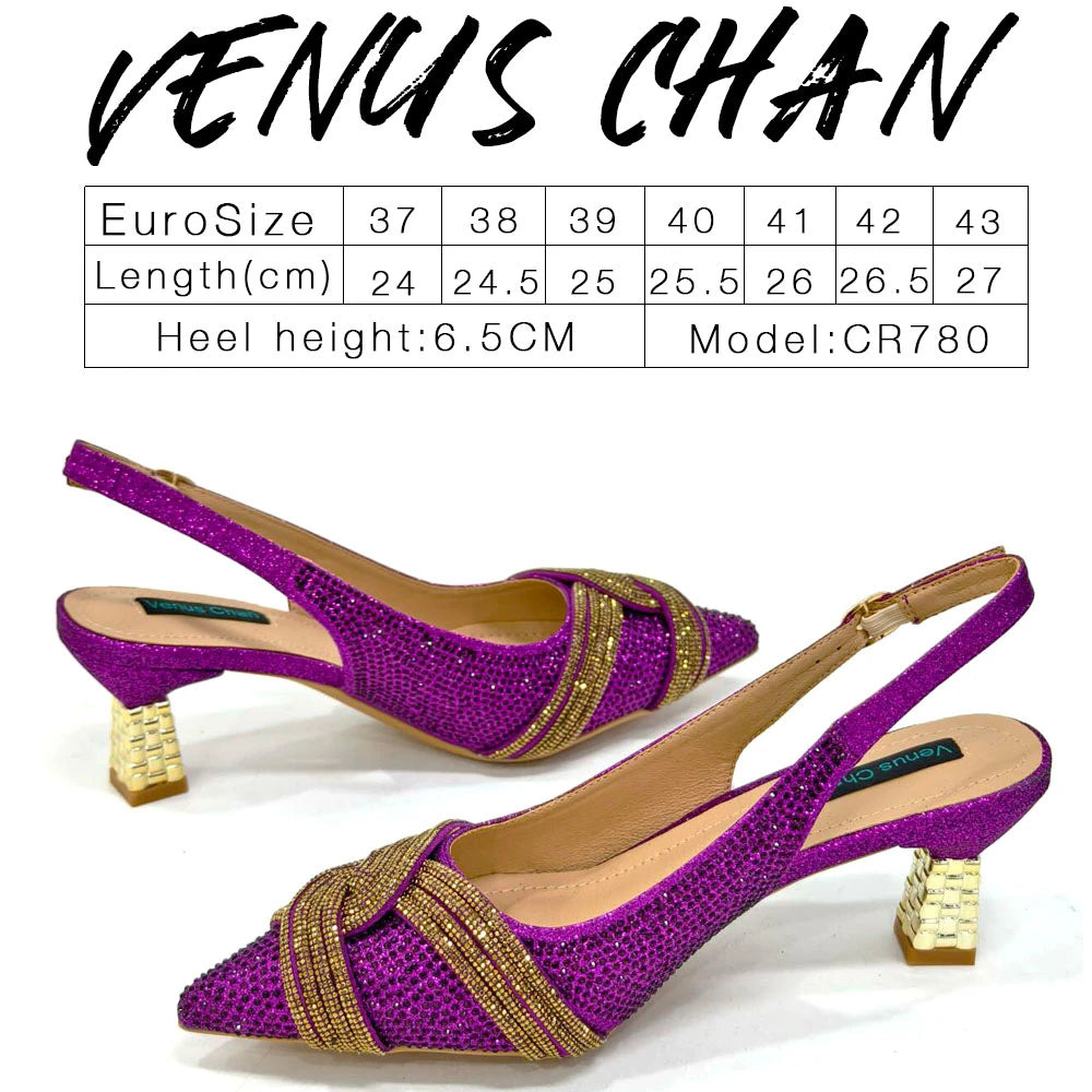 Venus Chan 2024 Special Design High Quality Orange Color African Women Shoes and Bag Set with Shinning Crystal for Wedding Party