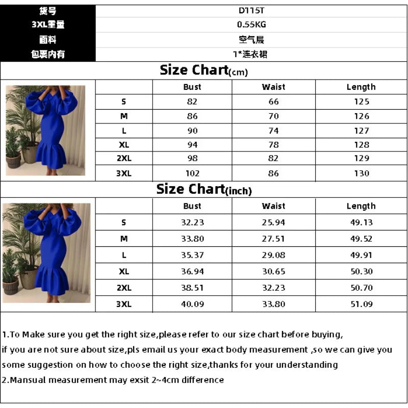 African Women's Fashion Solid Color V-neck Bubble Long-sleeved Fishtail Skirt European and American Dress