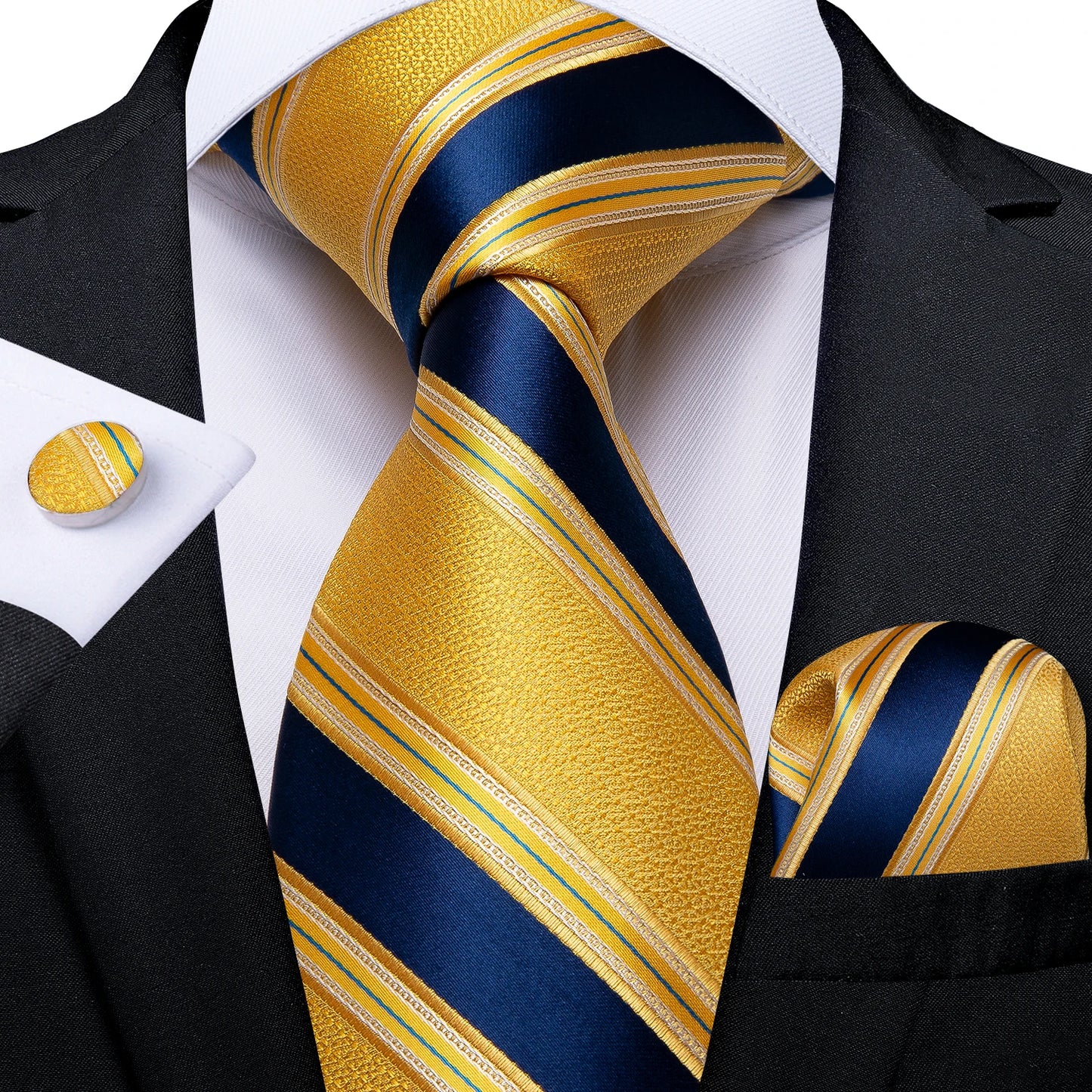 Solid Black Plaid Men's 8cm Polyester Neck Tie Handkerchief Cufflinks Set with Gift Box Tie Clip Birthday Anniversary Gift
