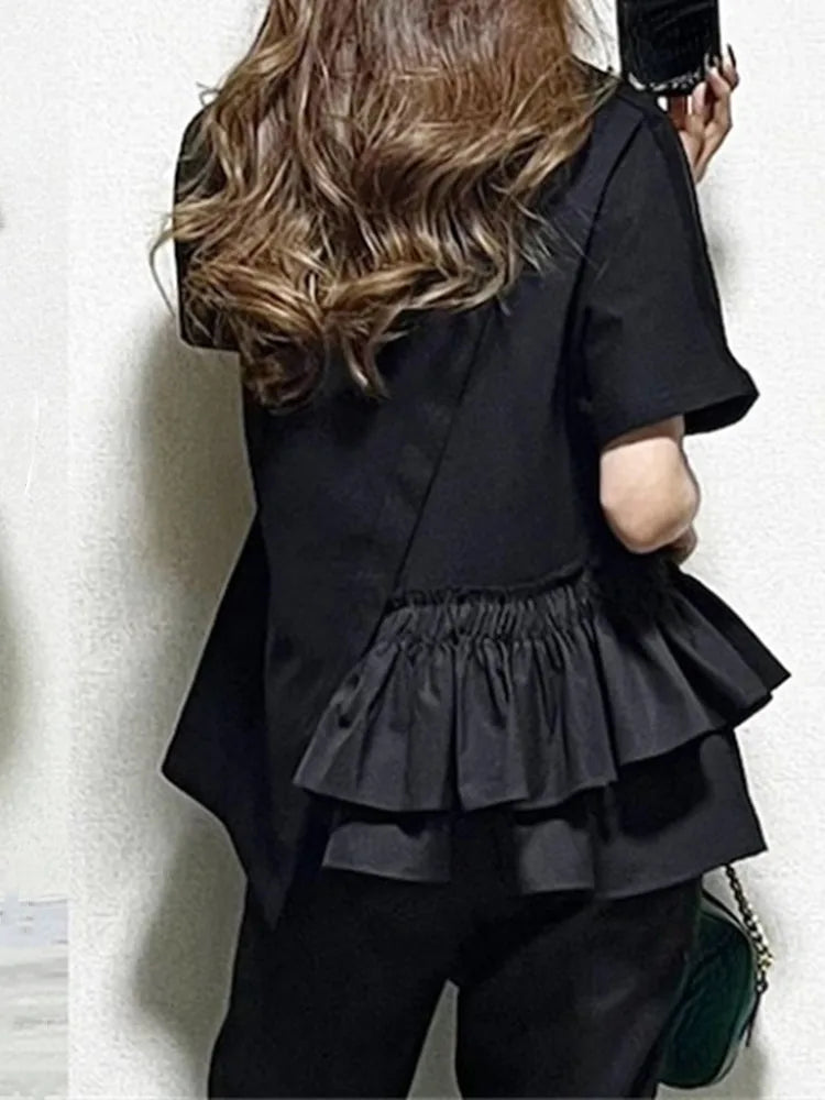 2024 New Short Sleeve Tshirts Women Ruffles Patchwork Asymmetrical Fashion T Shirts High Street Casual All-match Tops