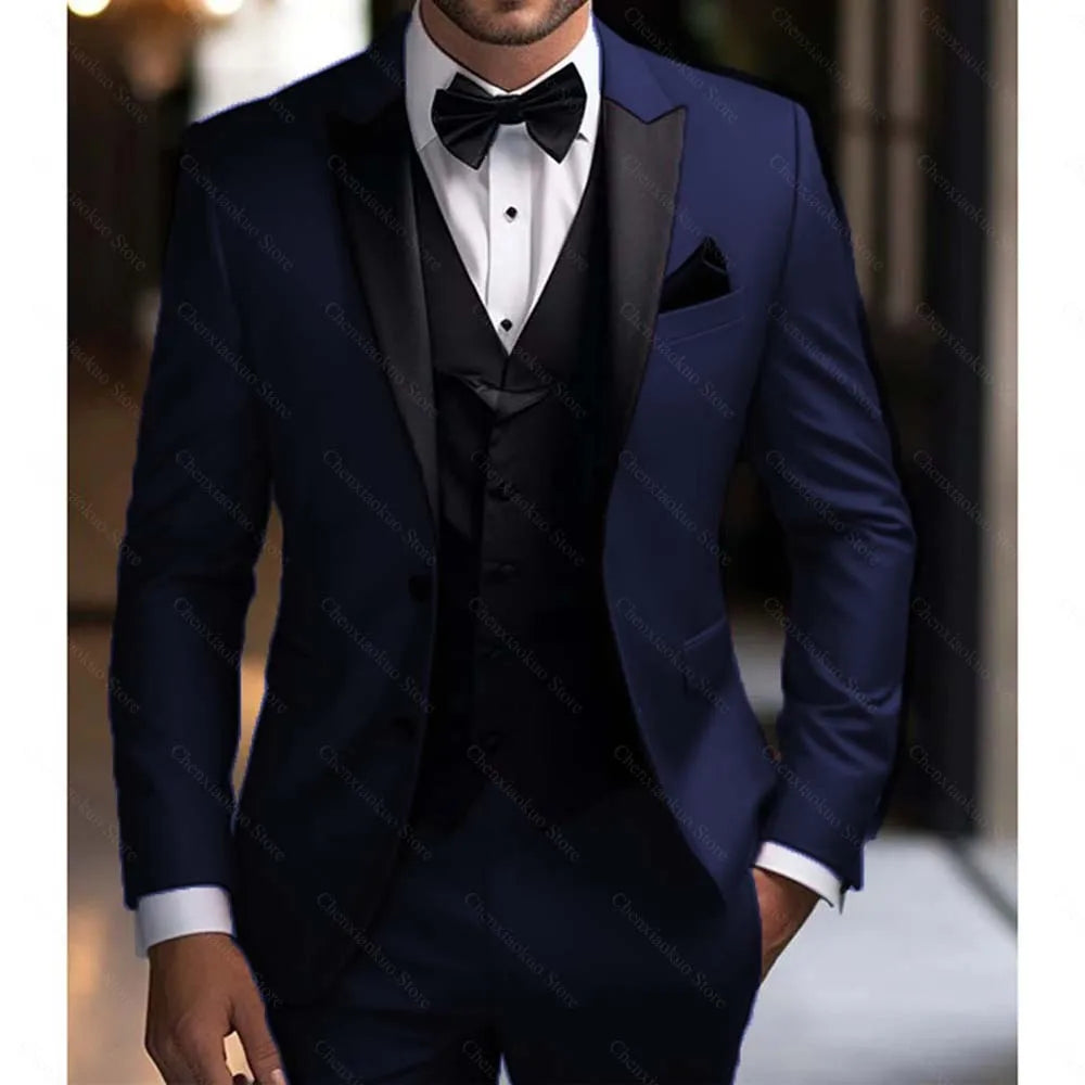 Men Suits 3 Piece Elegant Peak Lapel Single Breasted Tuxedo Slim Groom Wedding Party Formal Male Suit (Blazer+Vest+Pants)