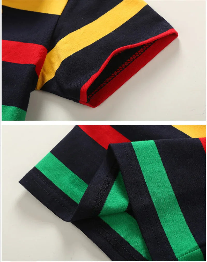 Boys T-shirt Summer Children Short Sleeve Stripe ClothingTees Cartoon Bear Embroidery Tops Kids Breathable Polo Shirt