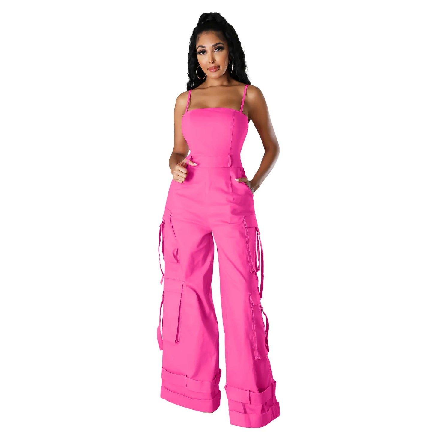 Women's Clothing 2025 Spring Summer New Sexy Sleeveless Solid Color Casual Multi Pocket Workwear Jumpsuit Wide Leg Pants