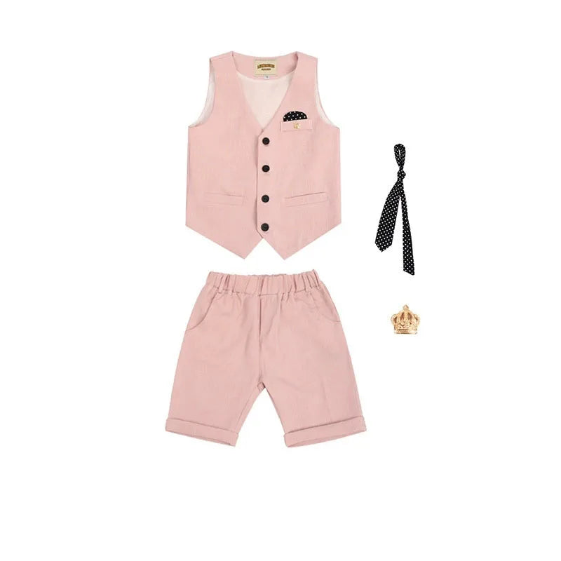 Boys Summer Vest Dress 3Pieces/Set Vest Shorts Bowtie Photograph Suit School Performance Clothing Set Children Wedding Custome