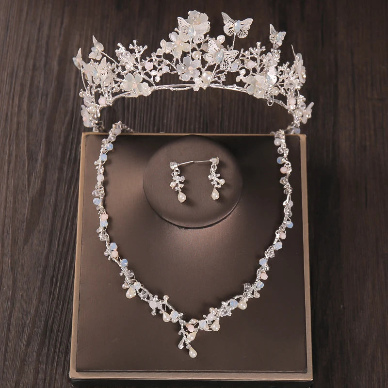 Luxury Crystal Beads Pearl Butterfly Costume Jewelry Sets Floral Rhinestone Choker Necklace Earrings Tiara Wedding Jewelry Set
