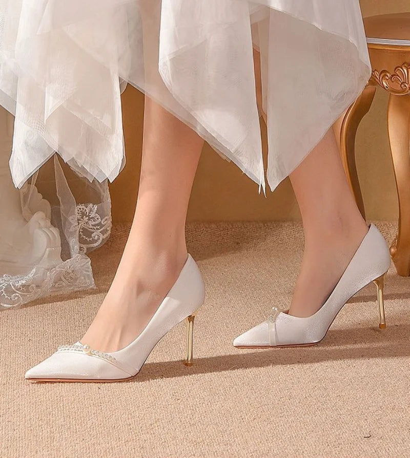 Women's Summer Footwear Bride Pumps Shoes for Woman 2024 Wedding Shoe on Heeled Pointed Toe Pearl Stilito High Heels Popular 39