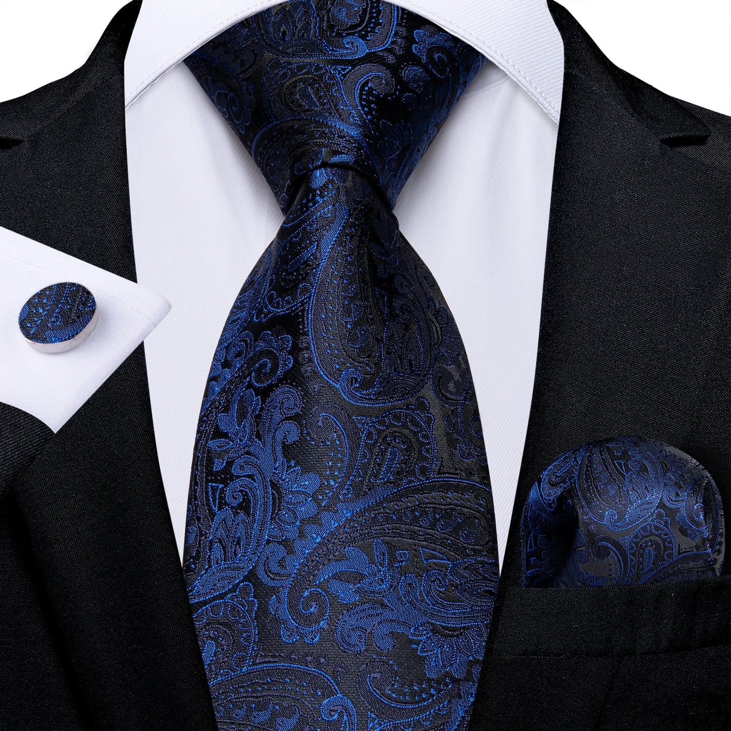 Royal Blue Paisley Plaid Striped Men tie Set with Handkerchief Cufflinks Wedding Prom Groom Accessories Perfect Gift for Men