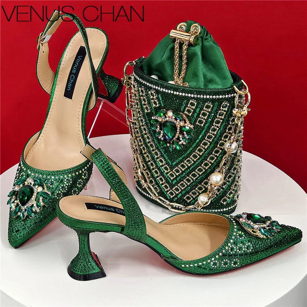 Nigerian Heel Party for Women Blue Color Shoes and Bag Set Rhinestone Handbag Italian Design Wedding INS 2025