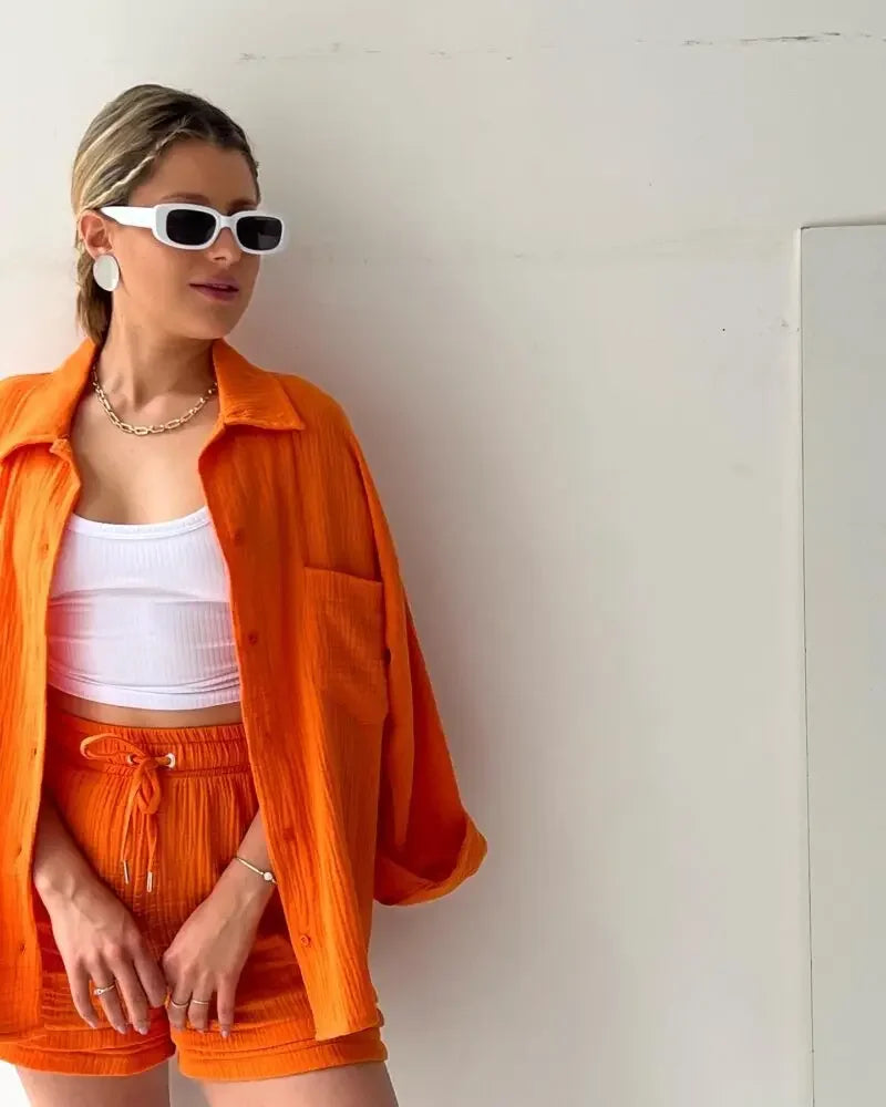 Short Sets Women Tracksuit Single Breasted Cardigan Blouses Two Pieces Shorts Loose Button High Street Solid Pockets Folds