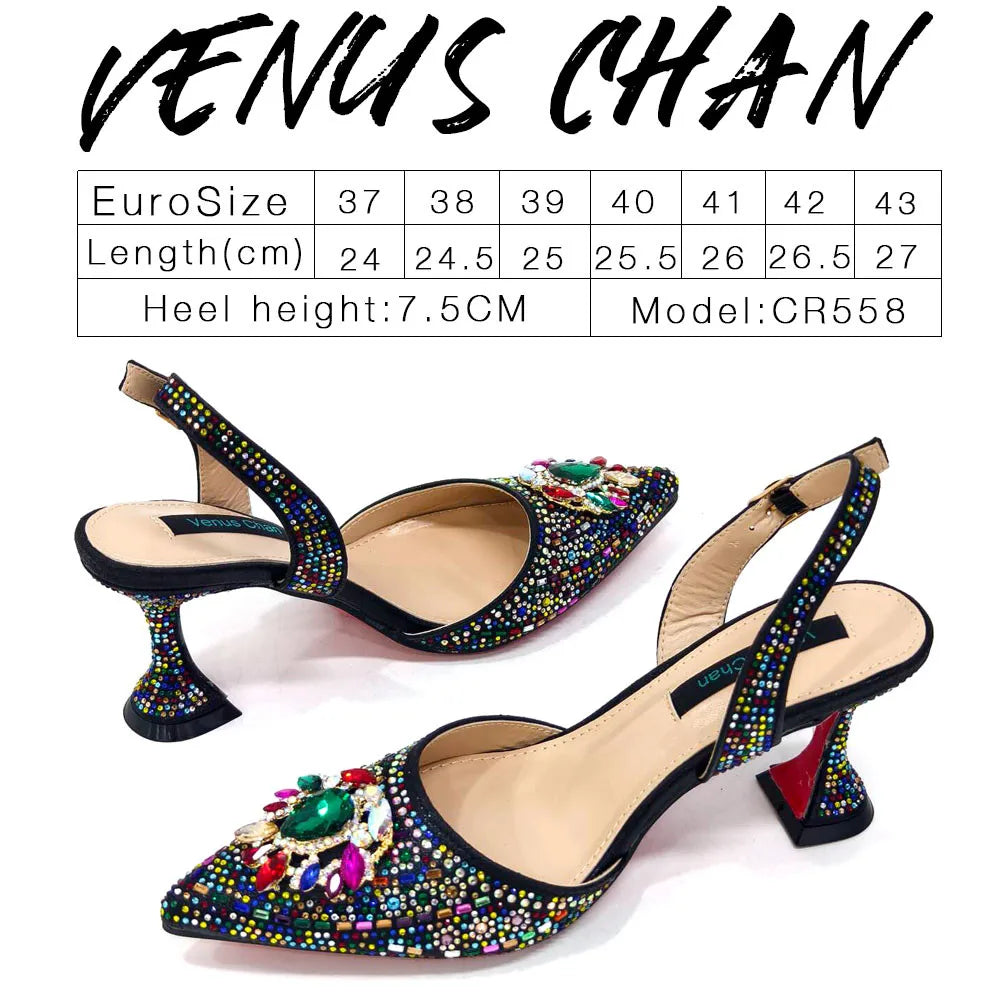 Nigerian Heel Party for Women Blue Color Shoes and Bag Set Rhinestone Handbag Italian Design Wedding INS 2025