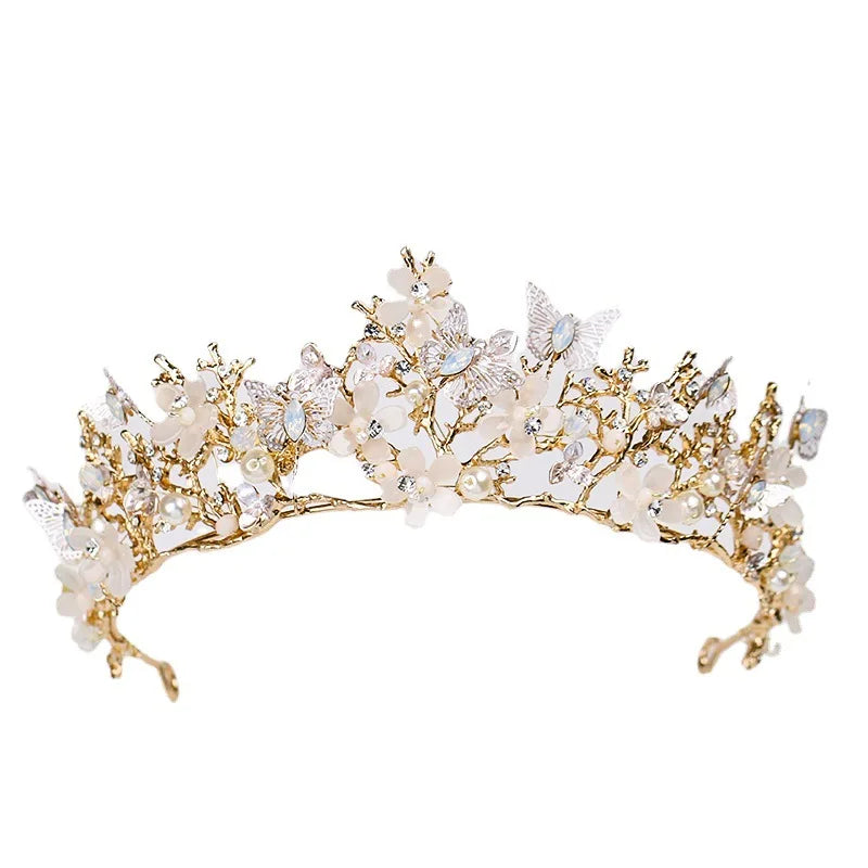 Luxury Crystal Beads Pearl Butterfly Costume Jewelry Sets Floral Rhinestone Choker Necklace Earrings Tiara Wedding Jewelry Set