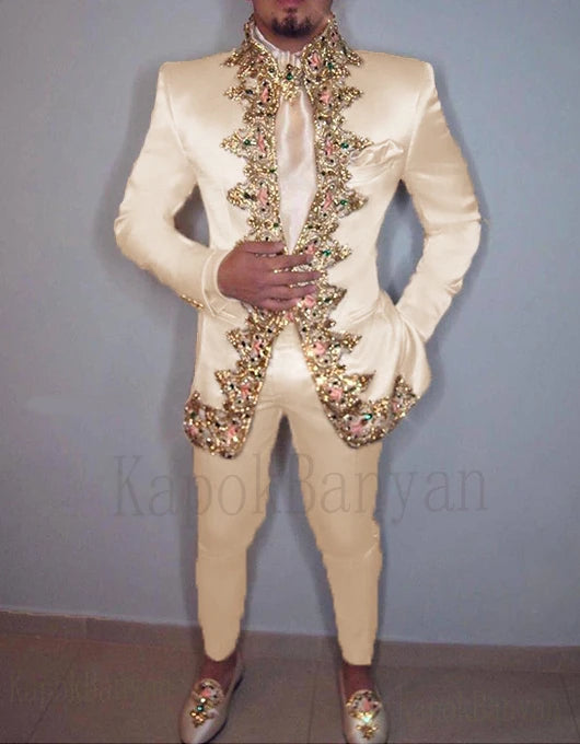Men Suit 2020 Two Piece (Jacket+Pants+Belt) Italian Stand Collar Slim Fit Wedding Suit for Men Custom Made Embroidery Suit