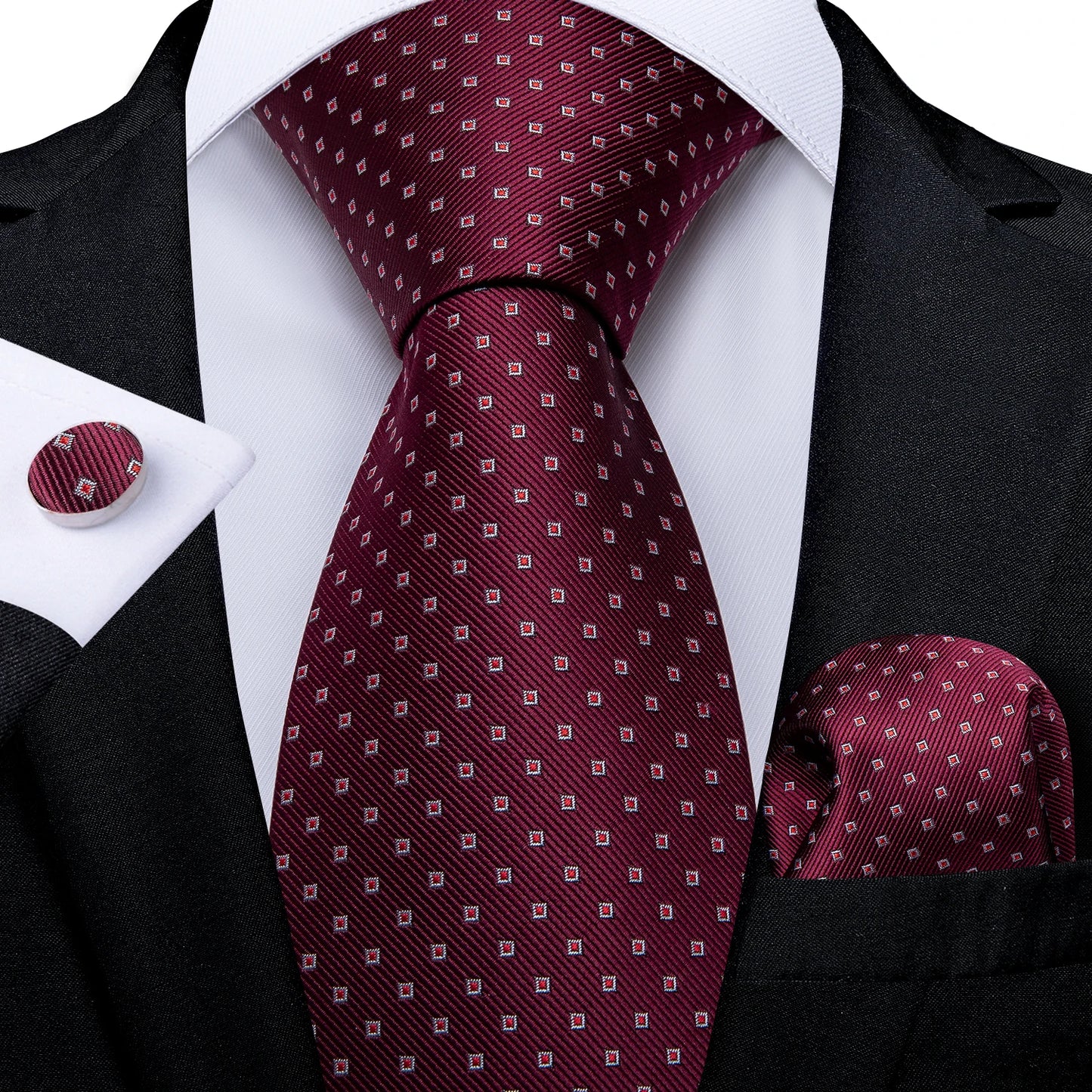 Solid Black Plaid Men's 8cm Polyester Neck Tie Handkerchief Cufflinks Set with Gift Box Tie Clip Birthday Anniversary Gift
