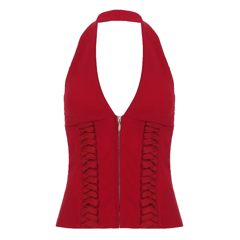 Fashion Solid V-Neck Bandage Zipper Women Tank Trendy Chic Design Sexy Slim Hotsweet Summer New Blouses