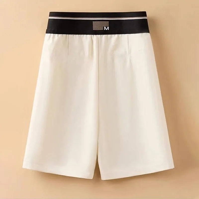 Female Korean Solid Color Spliced Casual Knee Pants Female Summer Fashion All-match High Waist Straight Pants Women's Clothing