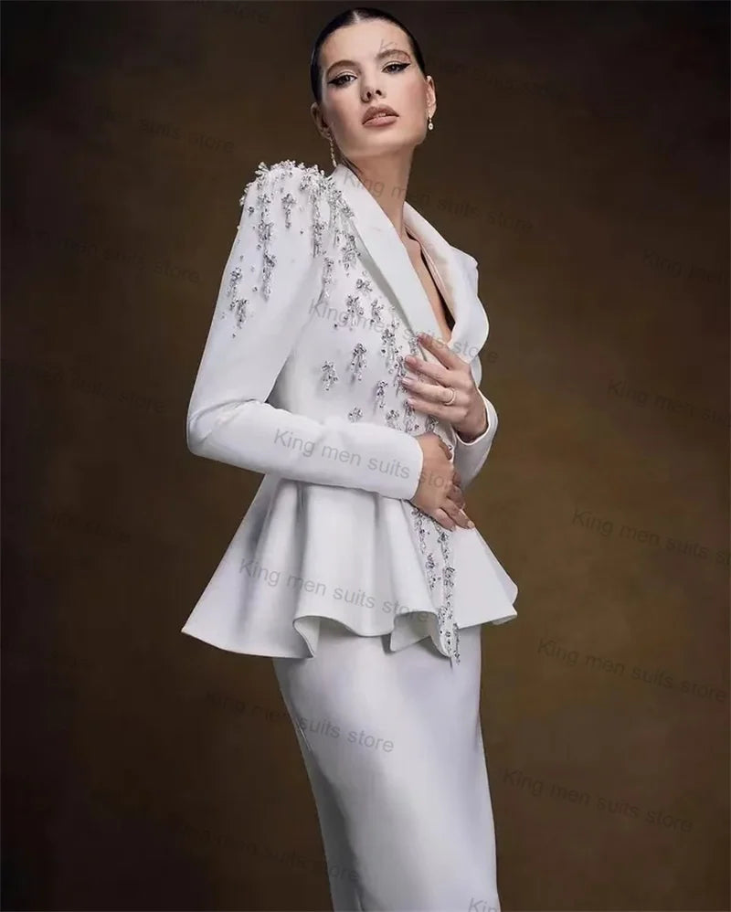 Crystals White Wedding Women Suit Skirt Set 2 Piece Blazer+Midi Prom Dress Custom Made Formal Bride Tuxedo Autumn Jacket Coat