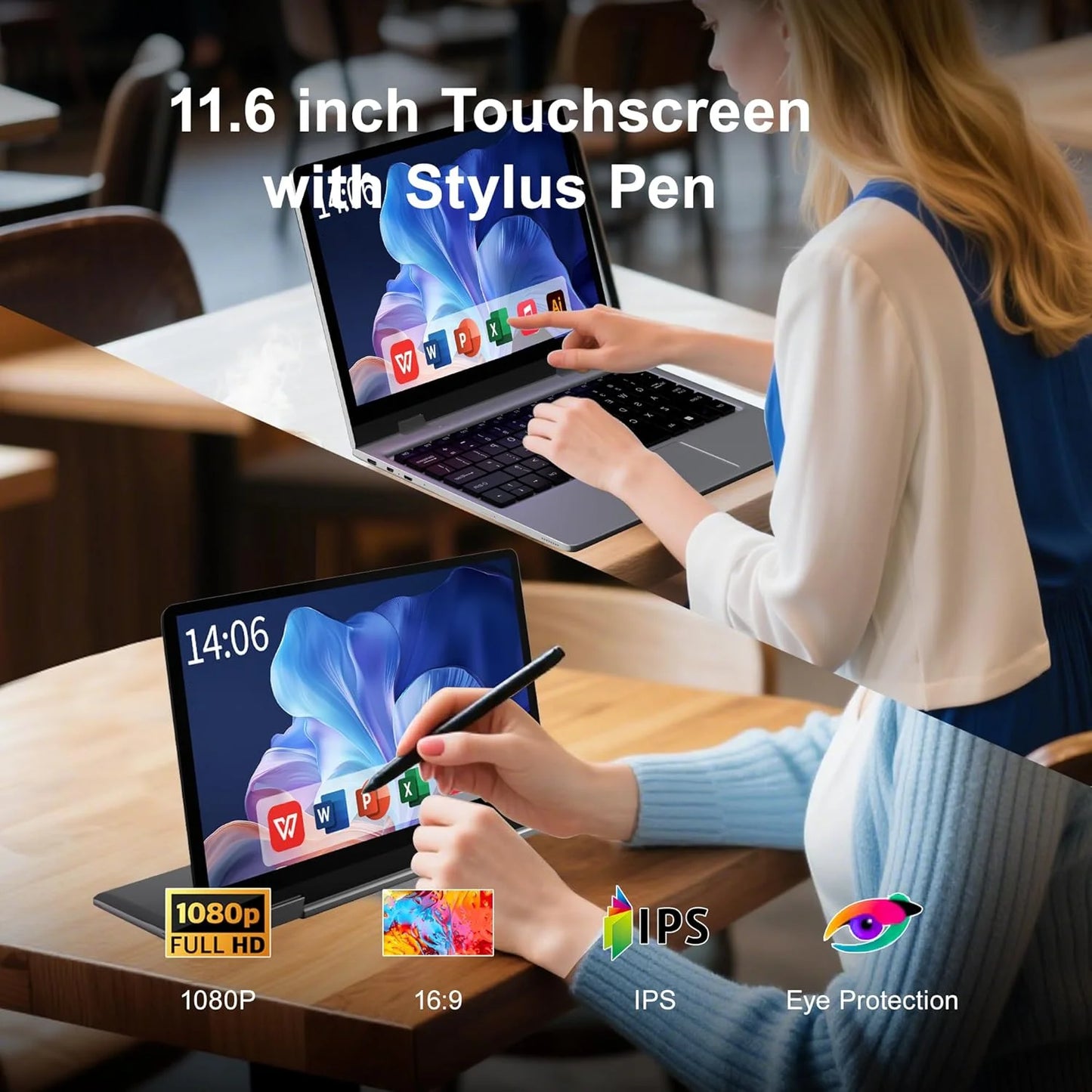 11.6" Portable 2 in 1 mini Laptop Computer Touch Screen Intel Celeron N4020 8GB RAM 512GB SSD Windows 11 Pro Office Learning PC