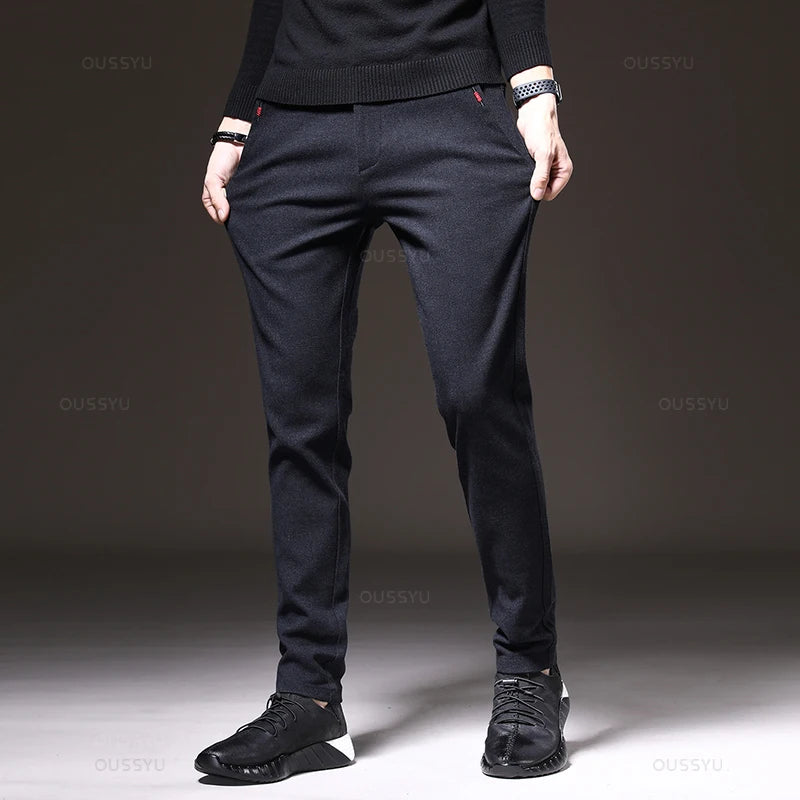 Autumn Winter New Classic Casual Pants Men Thick Business Korea Slim Fit Stretch Gray Blue Black Brushed Fabric Trousers Male