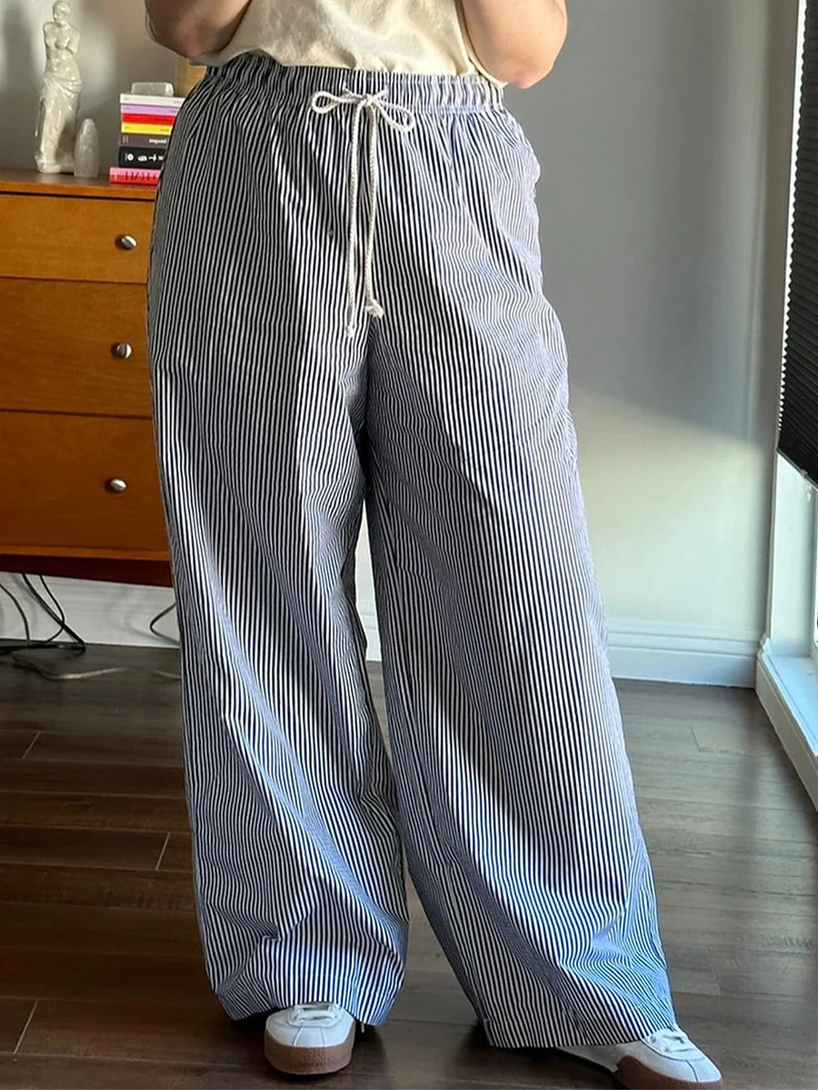 Combhasaki Women Y2K Aesthetic Wide-Leg Pants Stripe Drawstring High Elastic Waist Trousers Spring Fall Retro Sweatpants Bottoms