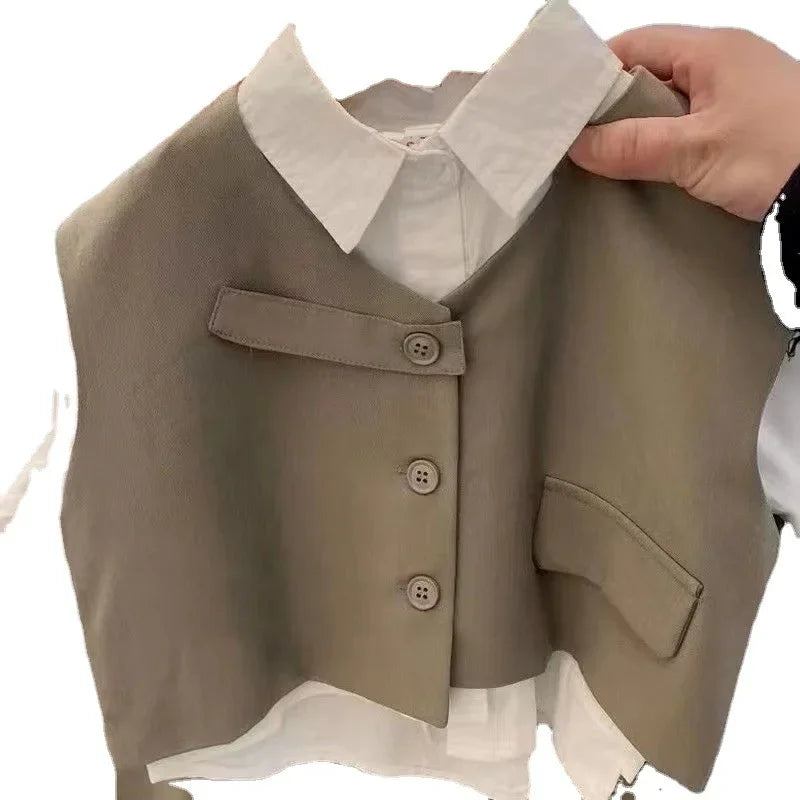 2022 Children Sets Shirts Turn-down Collar Vest Single Breasted Pants Ankle Length Loose Solid Soft Simple Casual Autumn Boys