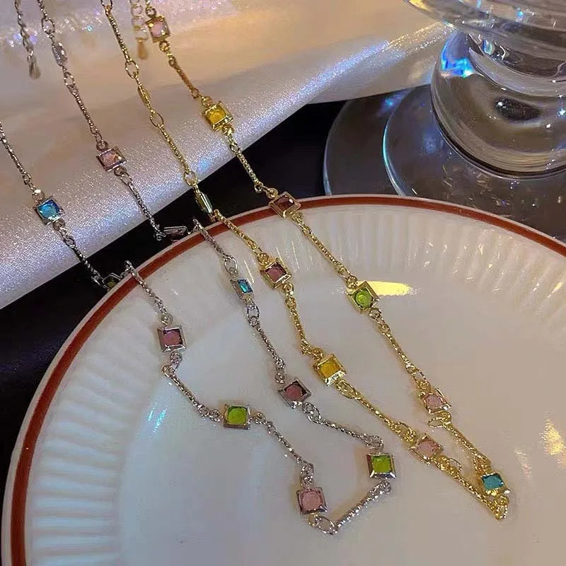 Hot Sale Colorful Square Rhinestone Necklace Fashion Exquisite Light Luxury Zircon Clavicle Chain Female Wedding Jewelry Gifts