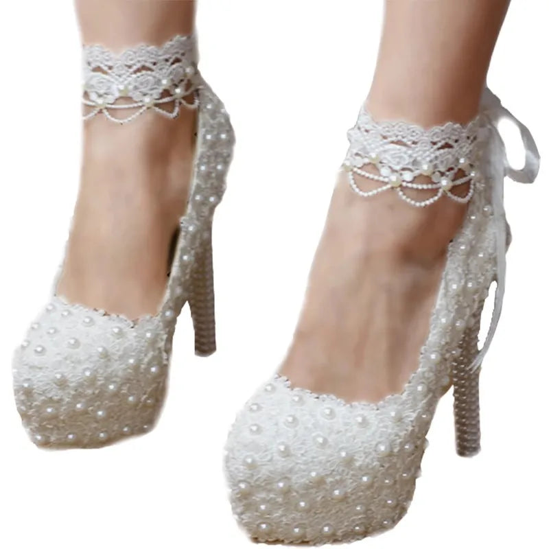 Spring round head shallow pearl lace with waterproof platform wedding shoes thin high-heeled banquet dress large size women shoe