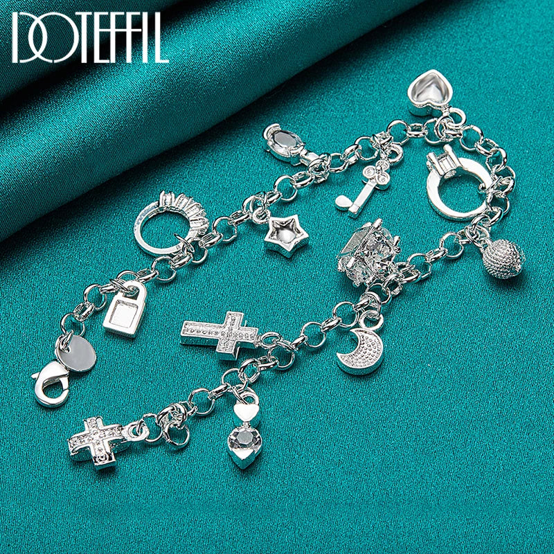 DOTEFFIL 925 Sterling Silver Heart Ball Cross Star Pendant Necklace Bracelets Set For Women Wedding Engagement Jewelry