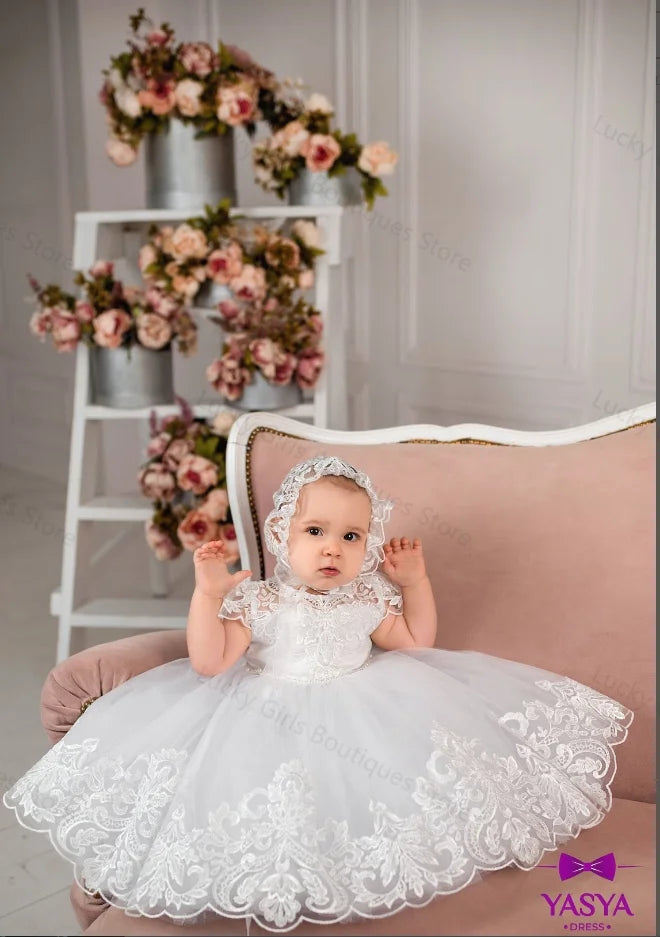 White Ball Gown Baby Christening Gowns Lace Appliques Bows Girls Baptism Pearls Newborn Kids Birthday First Communion Dresses