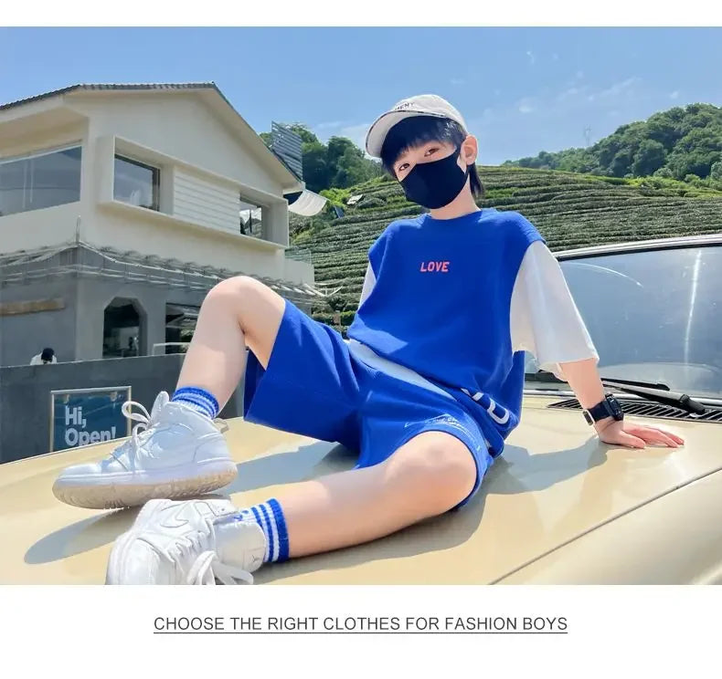 Junior Boys Summer Suit Children's Fashion Patchwork Short Sleeve Shorts Sports Suit Clothing 3-14Y Trend