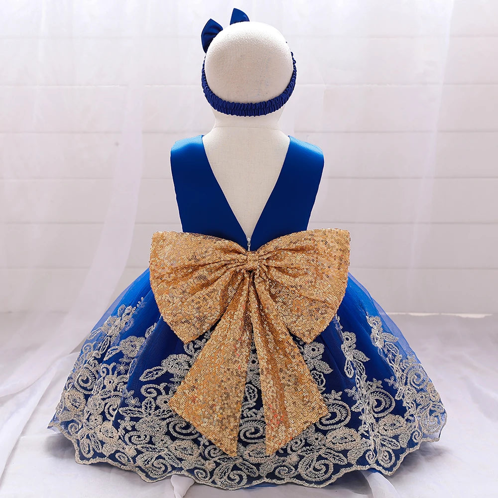 Gold Bow Flower Baby Dress for Girls Christmas Costumes 1st Birthday Party Princess Dresses Wedding Formal Evening Kids Clothing