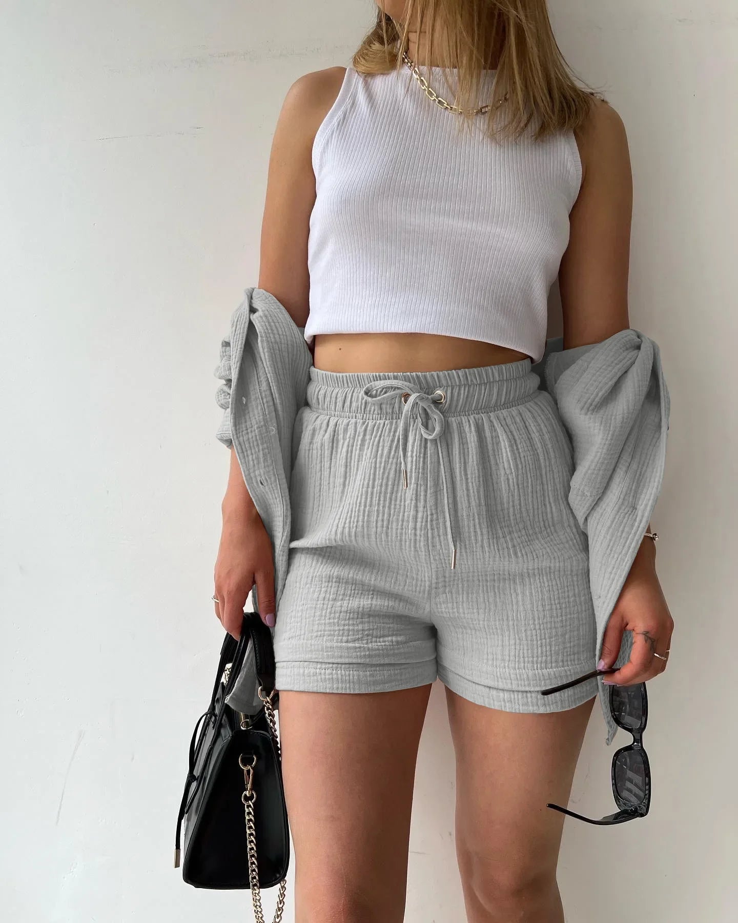 Short Sets Women Tracksuit Single Breasted Cardigan Blouses Two Pieces Shorts Loose Button High Street Solid Pockets Folds