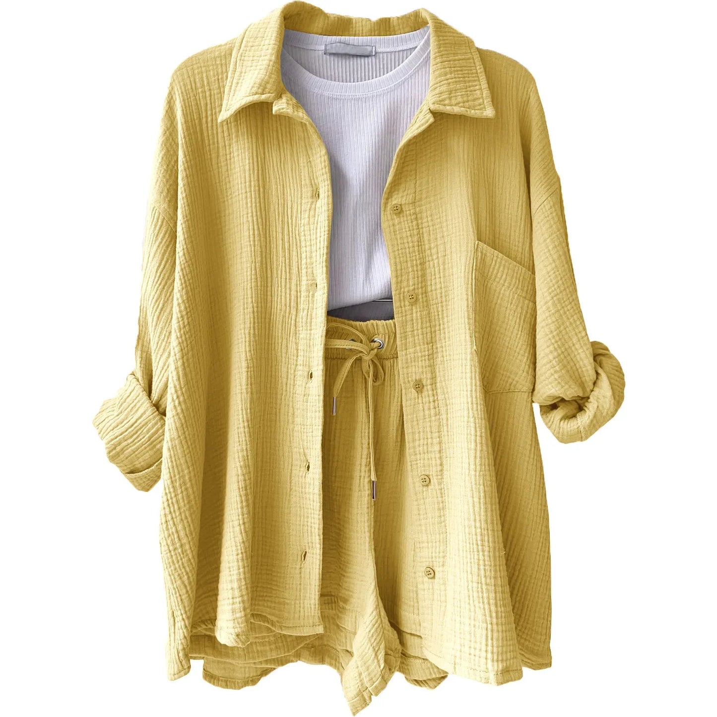 Short Sets Women Tracksuit Single Breasted Cardigan Blouses Two Pieces Shorts Loose Button High Street Solid Pockets Folds