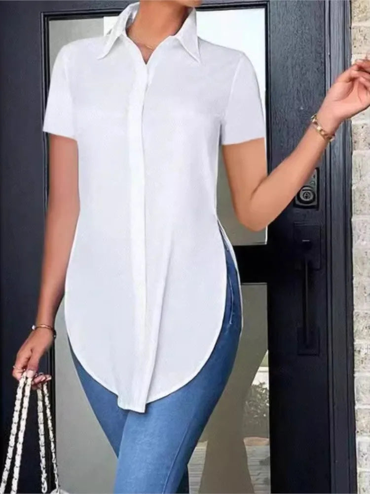 Women's Blouses Summer Casual White Short Sleeved Shirt Fashion OL Lapel Irregular Slim Shirts Women Clothing Streetwear Tops