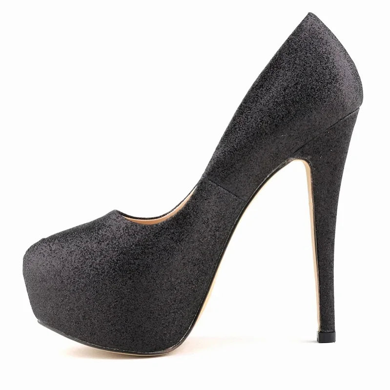 LOSLANDIFEN Sexy Women Pumps Ultra High Heels Glitter Gold Shoes 14cm Platform Round Toe Ladies Wedding Party 817-1Gitter