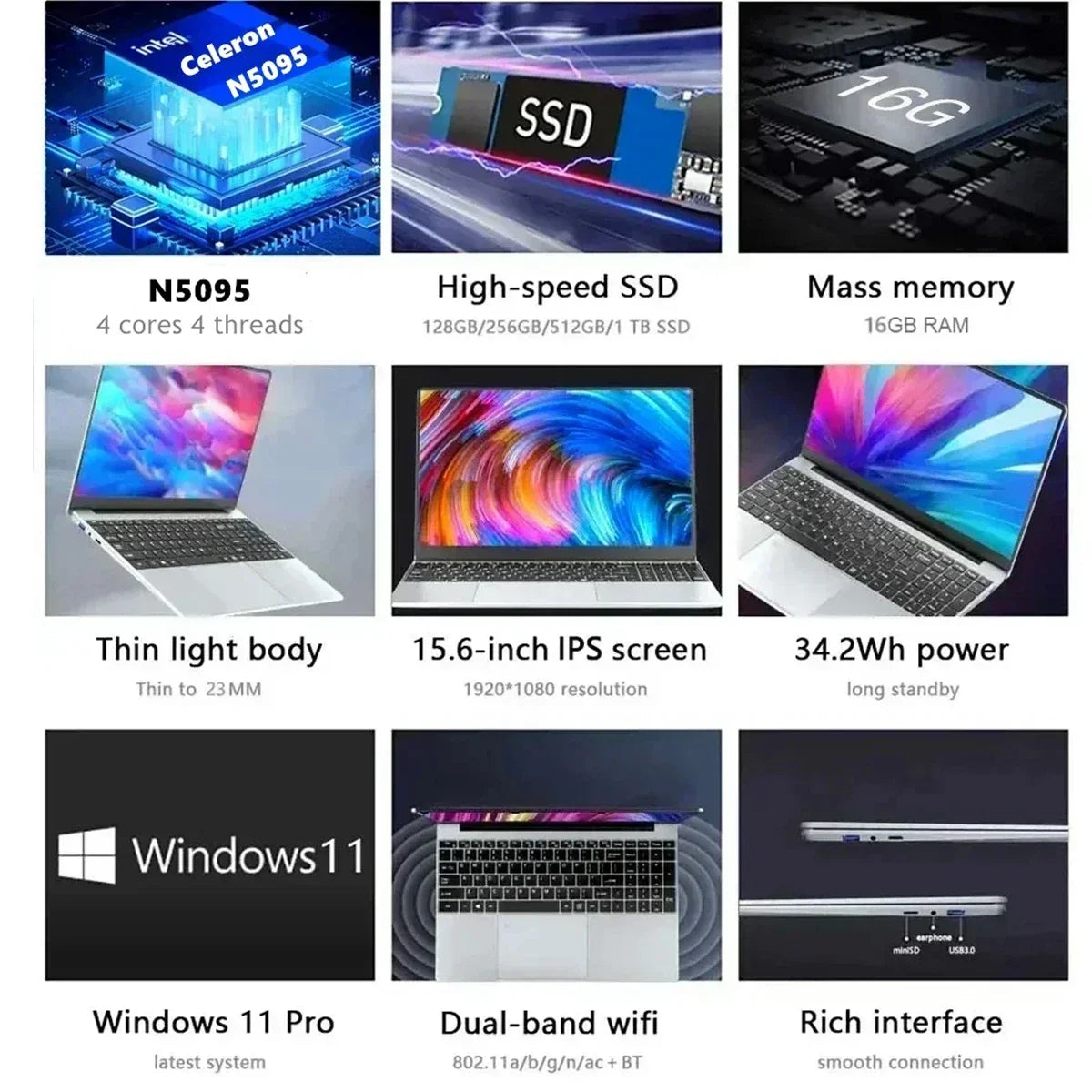 QMDZ 15.6" Laptop Computer Intel Celeron N5095 Notebook PC 16GB 32GB Ram 128GB-2TB SSD Office Study PC Windows 11 1080P Laptops