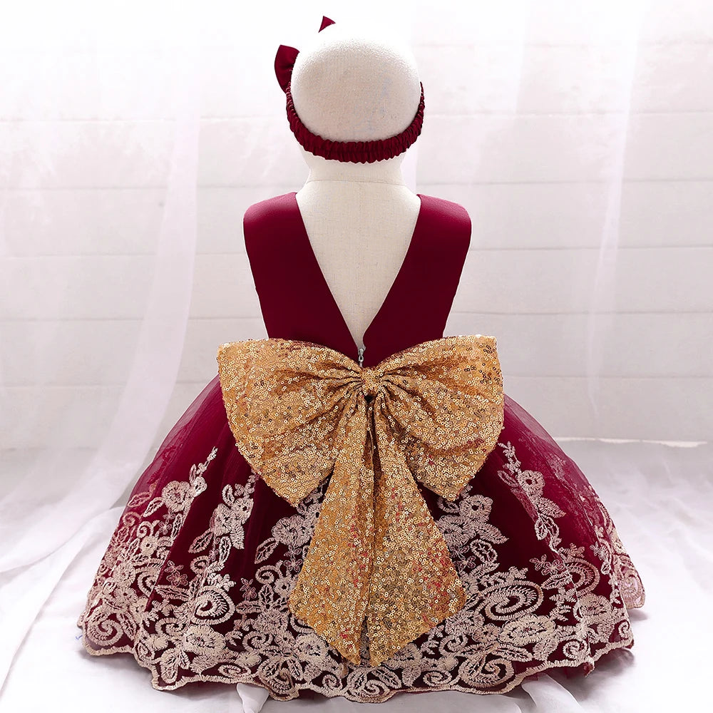 Gold Bow Flower Baby Dress for Girls Christmas Costumes 1st Birthday Party Princess Dresses Wedding Formal Evening Kids Clothing