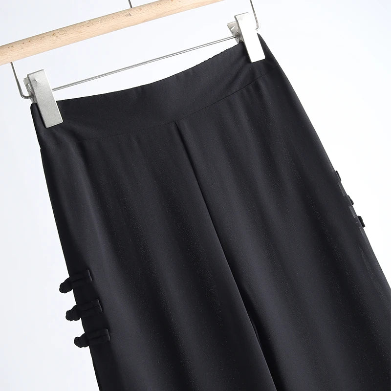 ZUZK Slit Chiffon Long Pants Summer Comfortable Elastic Waist Slim Double Layer Chiffon Pants Chic Droop Chinese Style Pants