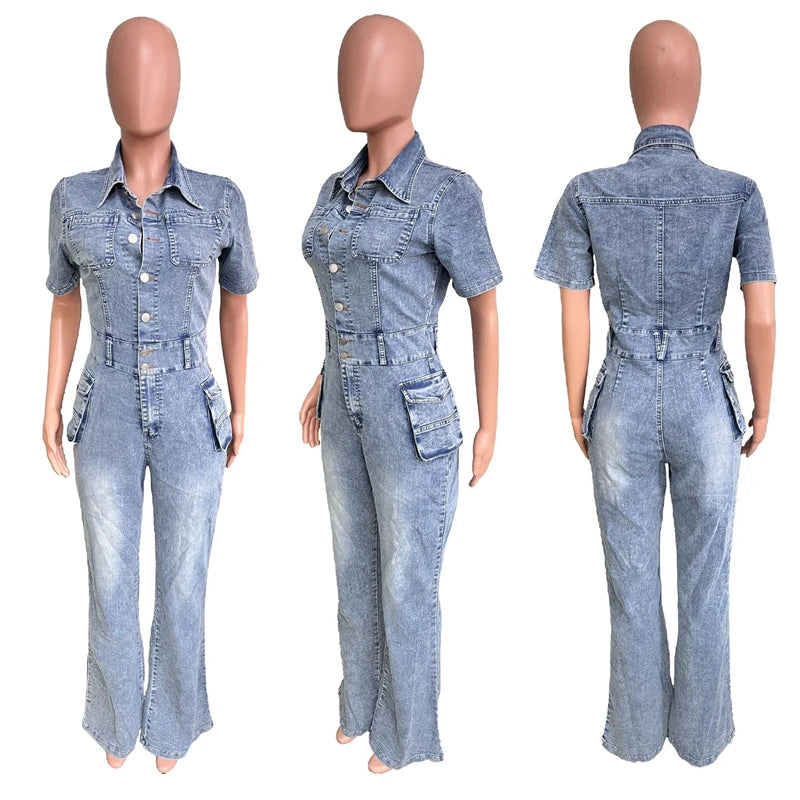 Casual Slim Short Sleeve Stretch Stir Fried Floral Washed Denim Jumpsuit Jeans Playsuit Cotton Flared Pants Jump Suit Overalls