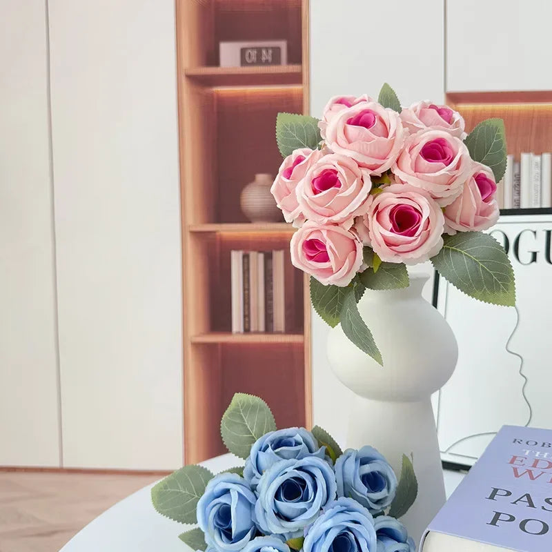 Wedding Bride Pink Roses Bouquet Artificial Flowers Auditorium Decoration Simulation Rose White Fake Flower Cafe Decortive